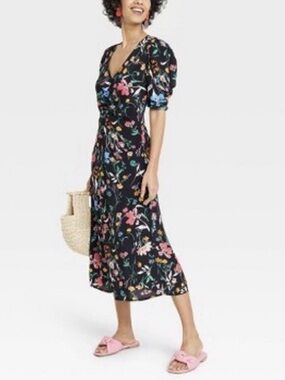 a new day Black Floral Midi Dress with Puff Sleeves